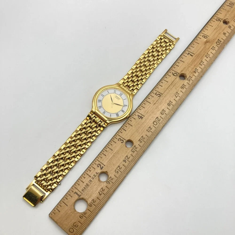 Vintage Seiko Men's Watch 34mm Gold Tone V701-6K69 New Battery SMALL 6.75
